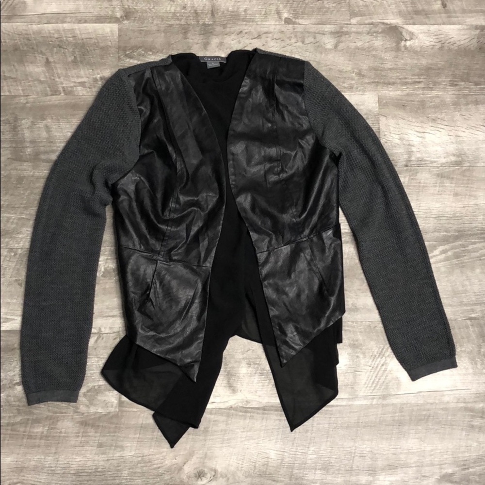 Knit & Faux Leather Layered Chiffon Jacket - Picture 3 of 5